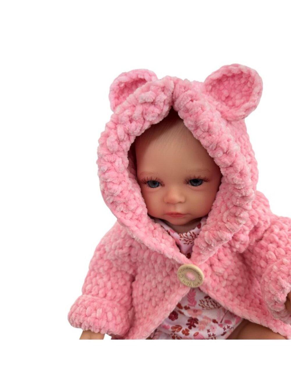 Handmade Pink Chenille Newborn Baby Hoodie & Booties Set Bear Ears Soft Plush - Picture 3 of 16